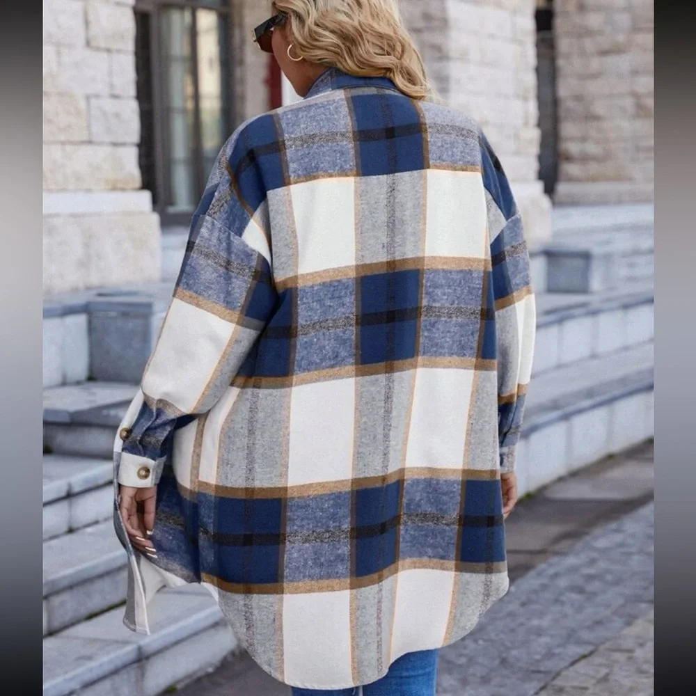 Classic Elegant Plaid Button Up Drop Shoulder  Shirt Top - Picture 3 of 6